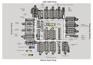 A map of the hospital 's patient ward wing.